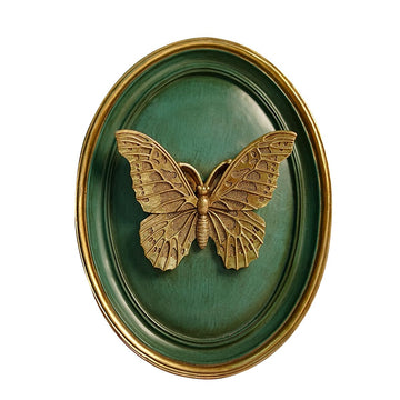 Vintage Wall Sculpture, Ornate Green and Gold Butterfly Relief Oval Wall Art, French Country Resin Decorative Plaque