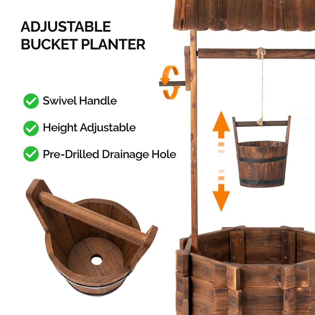 Wooden Wishing Well Outdoor Planters, Well Covers for Yard with 4 Reinforced Rods, Height Adjustable Hanging Bucket