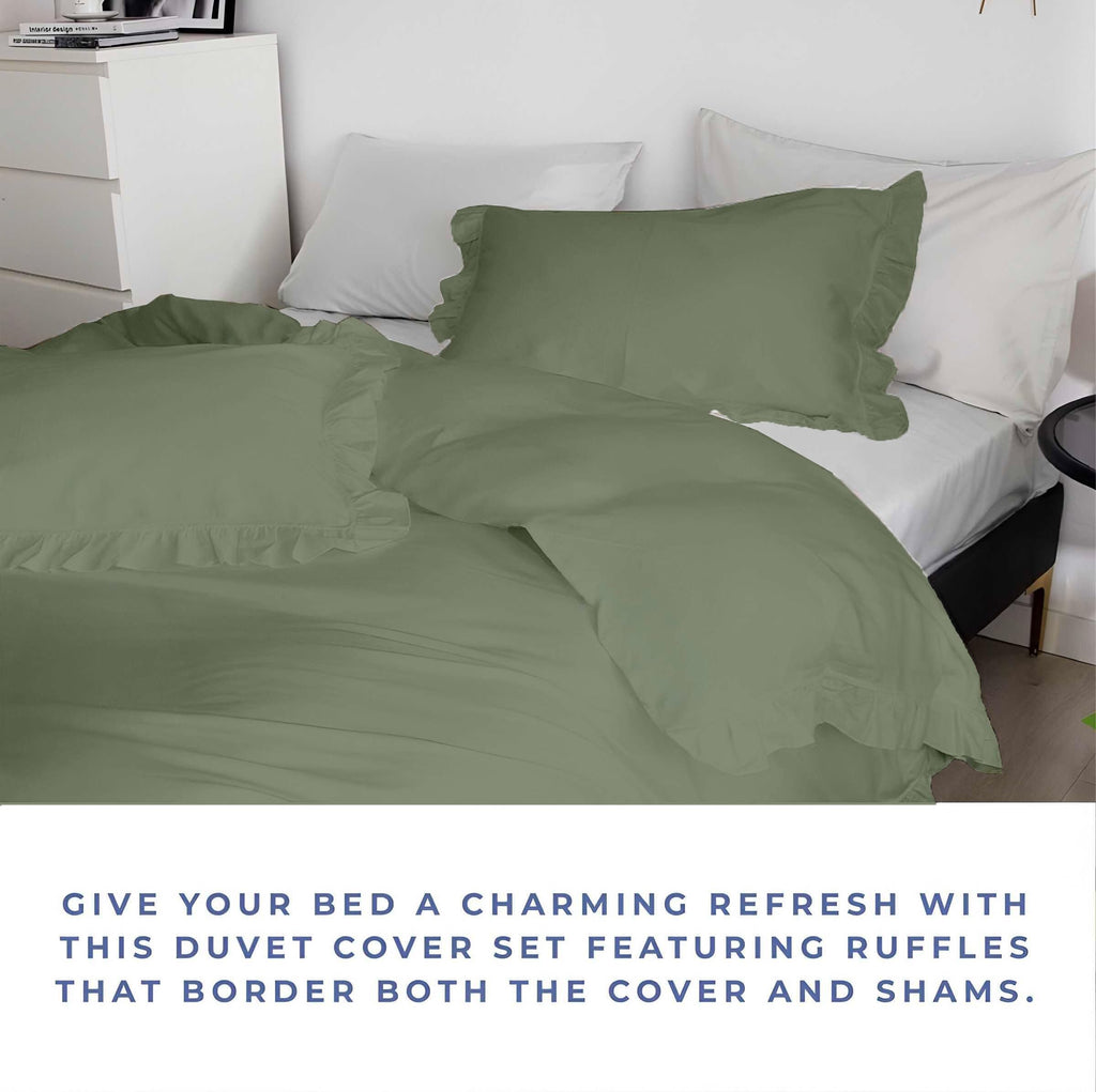 3 Pc Moss Green Ruffle Trim Duvet Cover Set Oversized King Size-100% Egyptian Cotton 600 TC -Shabby Chic Bohemian