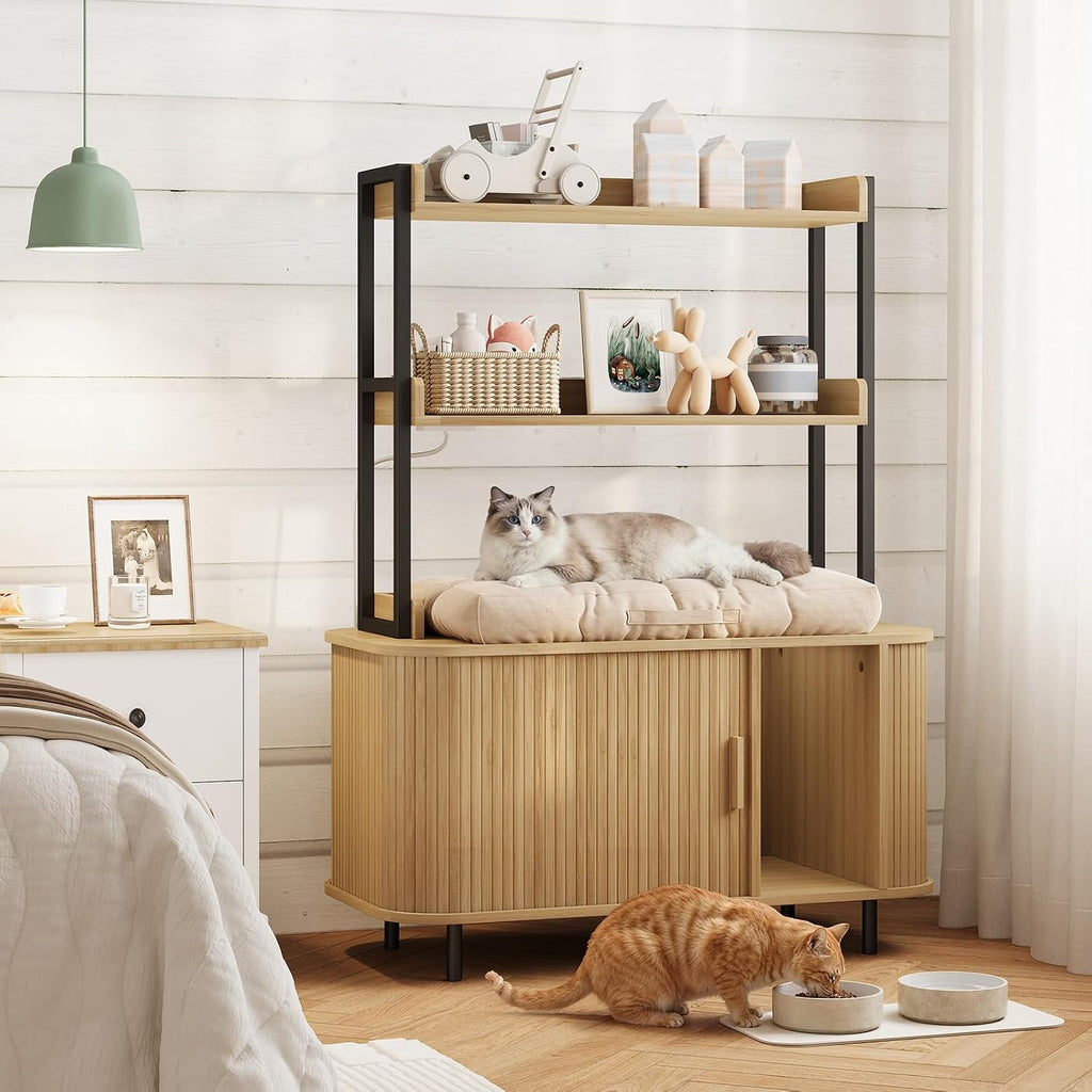 54 in Cat Litter Box Enclosure with Shelves&Charing Station, Oak