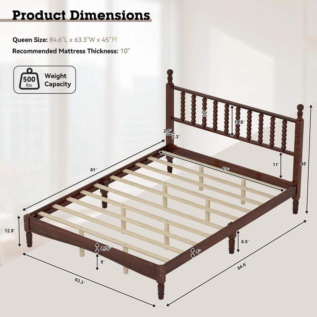 Walnut Spindle Bed Frame Queen Size with Wooden Headboard