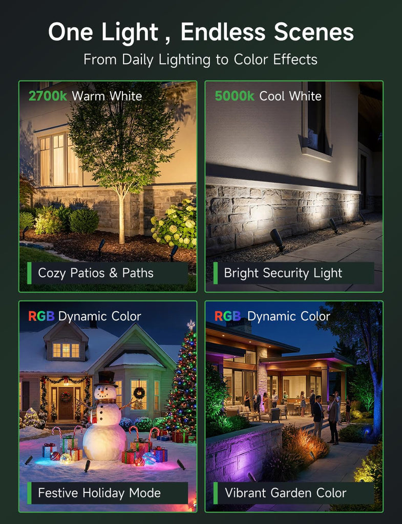 Smart RGBCW Landscape Spotlights, 12V Low Voltage Lights, 4 Pack