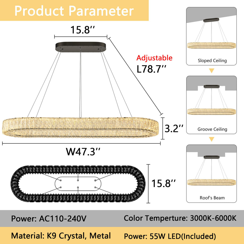 Modern Oval Crystal Chandelier Dimmable LED Chandeliers Rectangular Pendant Light Fixture with Remote Kitchen Island