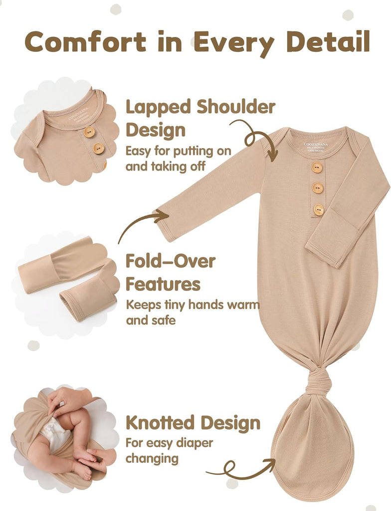 Newborn Knotted Gown, Soft Breathable Baby Sleep Gown with Hat & Headband