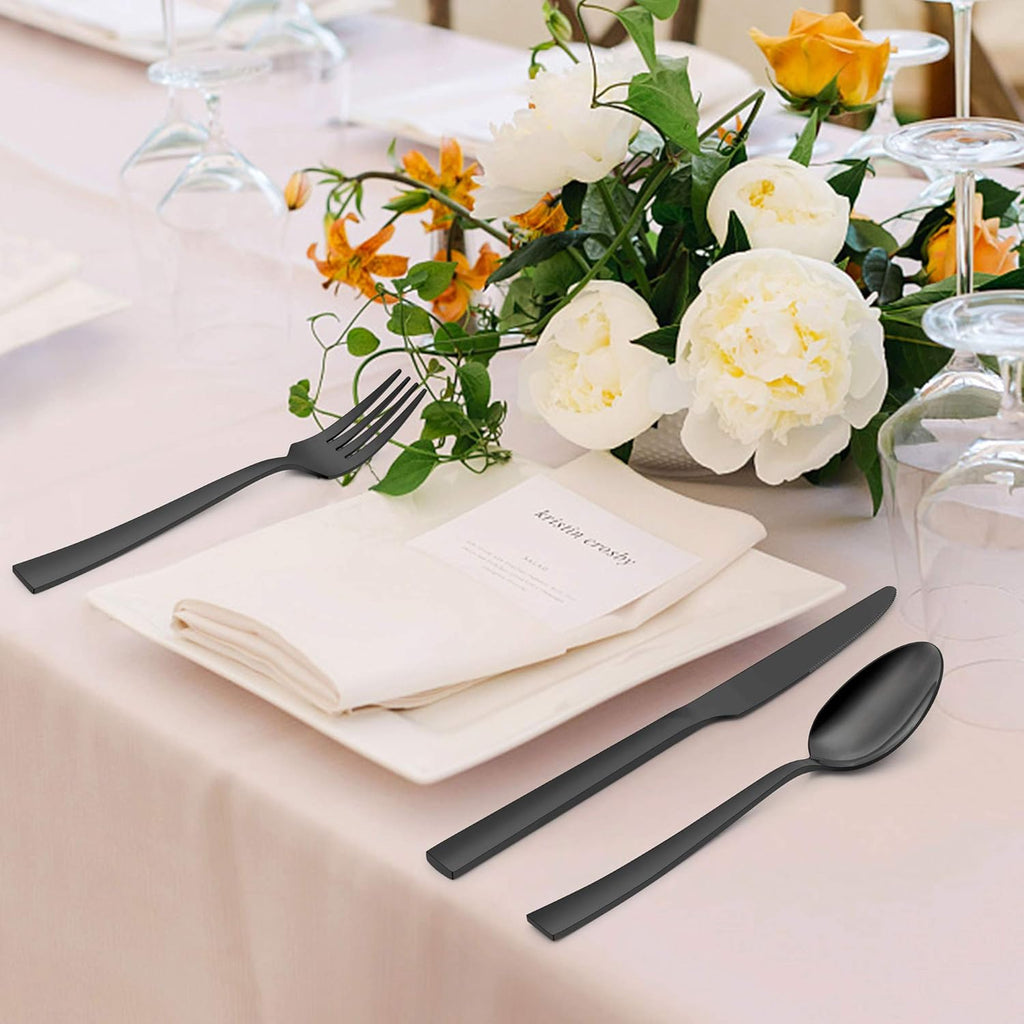 60-Piece Black Silverware Set with Organizer Tray, Stainless Steel Square Flatware Cutlery Set for 12