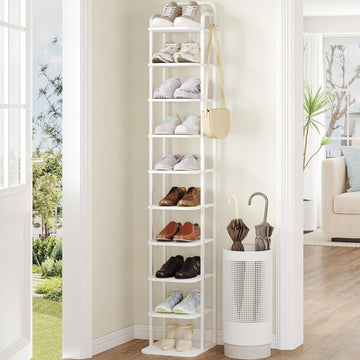 10 Tiers Vertical Shoe Rack, Tall Shoe Shelf with 2 Hooks