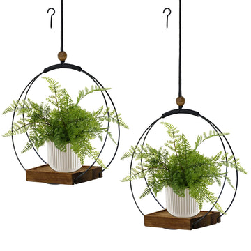 2 Pack Hanging Planter for Indoor Plants, Black Plant Hanger with Sturdy Wood Base, Modern Boho Macrame Hanger, Wall
