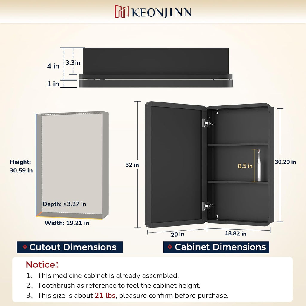 20"x32" Recessed Medicine Cabinet with Mirror, Black Framed | Stepless Adjustable Shelves, Surface Mount/in Wall