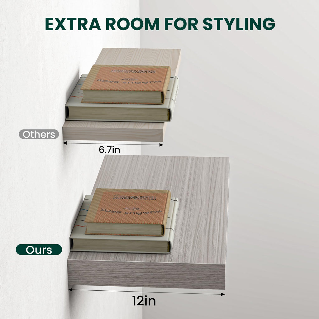 12 Inch Deep Floating Shelves Grey, 72 Inch Long, 2" Thick Floating Shelves for Wall, Hidden Bracket