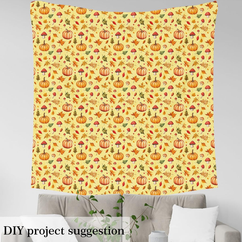 Pumpkin Mushroom Decorative Fabric by The Yard, Autumn Fall Harvest Outdoor DIY Art Waterproof Fabric, Maple Leaves
