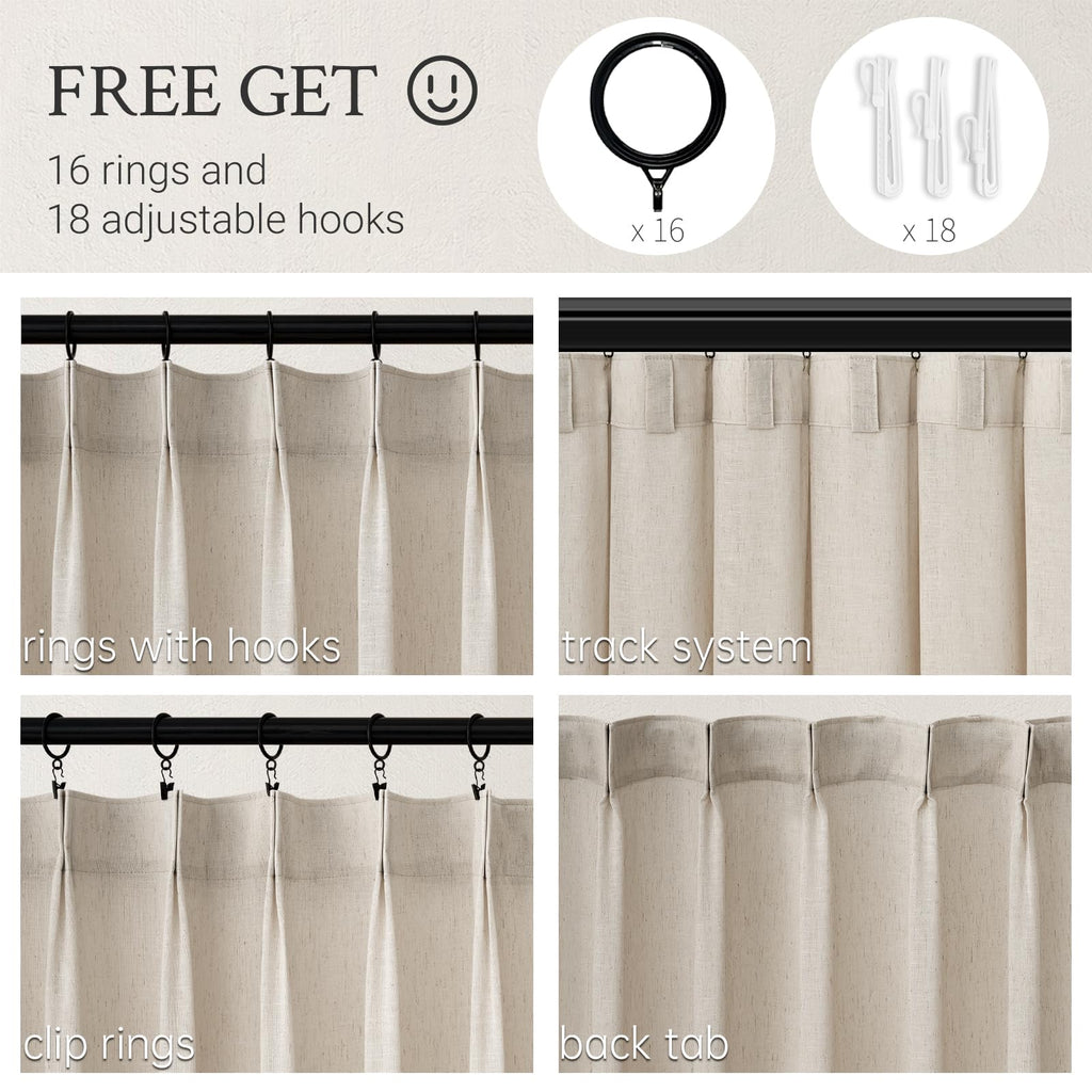 Oatmeal Beige Pinch Pleated Curtains 84 Inches Long 2 Panels Sets, Stone Washed Linen Earth Tone Decor Back Tab Boho
