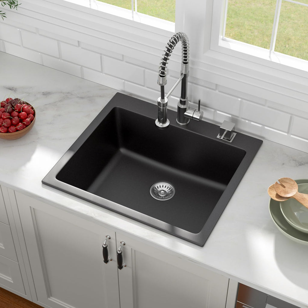 25x22 Inch Black Granite Composite Drop Sink Top mount Quartz Single Bowl Contemporary Kitchen Deep Sink Basin with