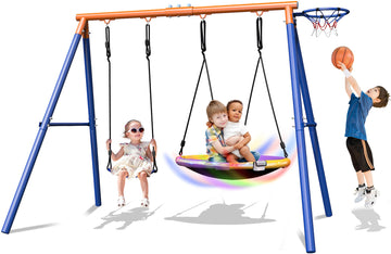 4-in-1 Swing Sets with Stand for Backyard, 440lbs Outdoor Saucer Swing Set for Kids, Heavy-Duty A-Frame Metal Playset