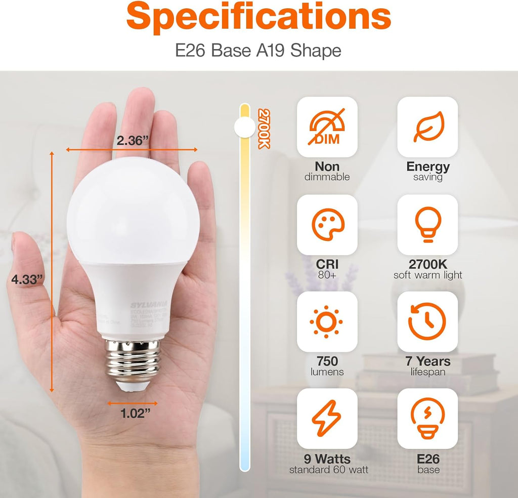 ECO LED Light Bulb, A19 60W Equivalent, Efficient 9W, 7 Year, 750 Lumens, 2700K, Non-Dimmable, Frosted, Soft White