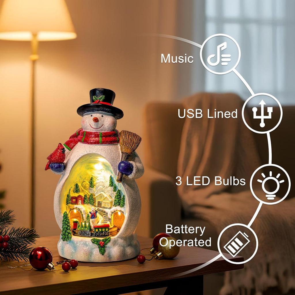 Animated Collection Figurines Musical Christmas Snowman &Cardinal Village Houses with Rotating Train, Lighted