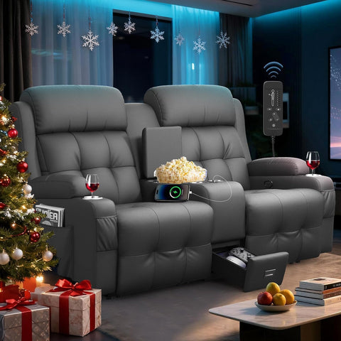 Home Theater Seating Loveseat Recliner Sofa, Massage Reclining Couch with USB, Center Console