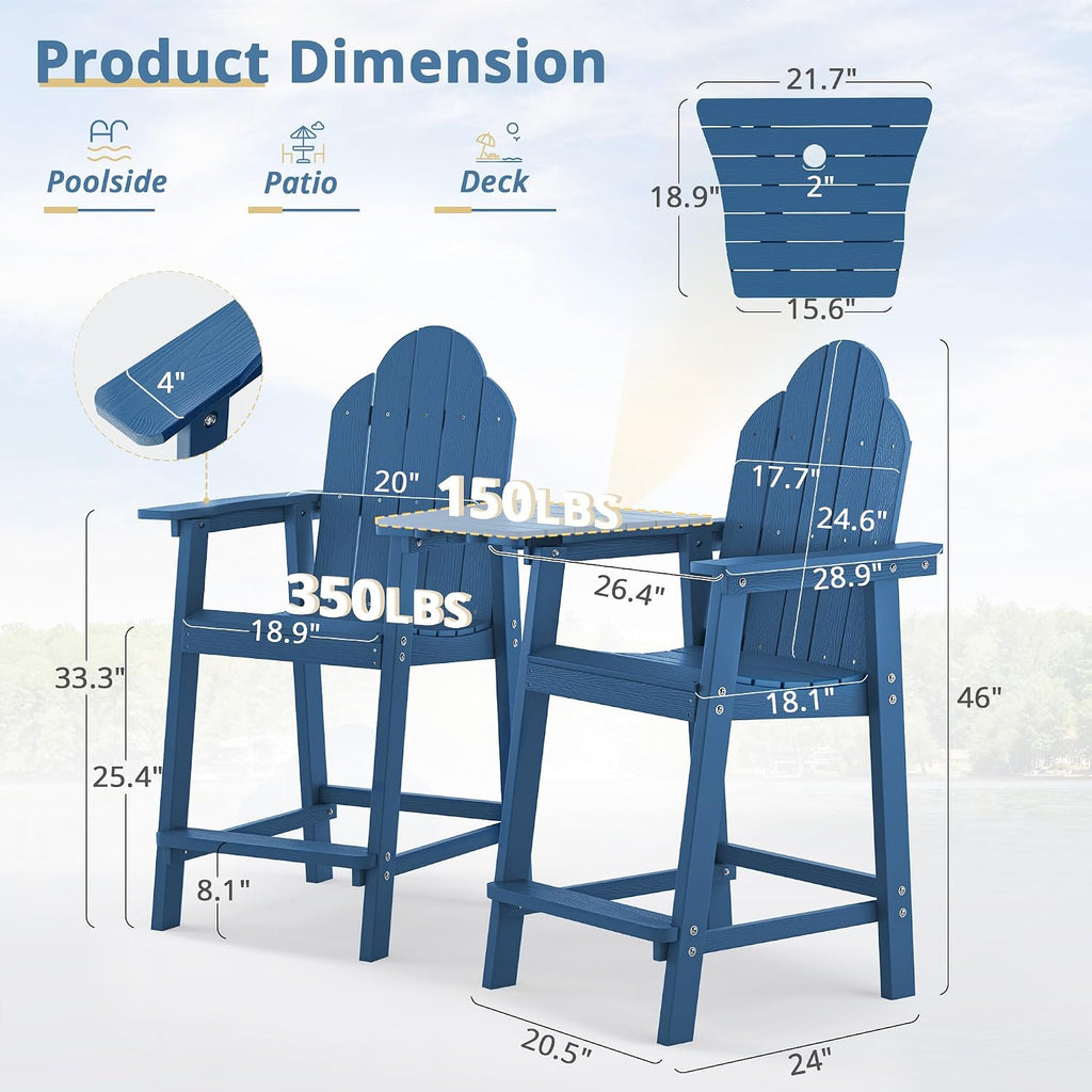 Tall Adirondack Chair Set of 2, HDPS Bar Height Chairs, Navy Blue | All-weather-resistant, reinforced aluminum legs
