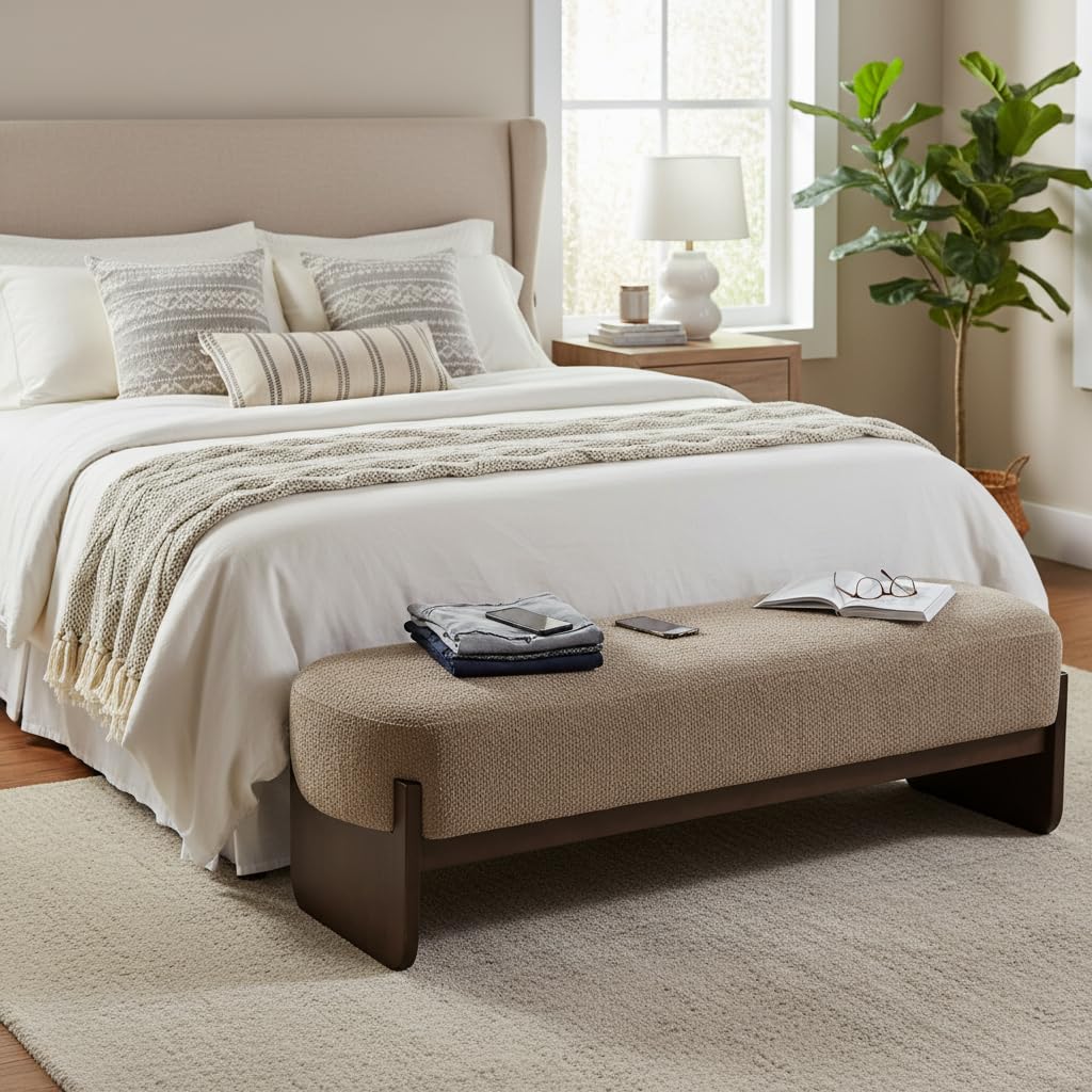 Arden Minimalist Style Rectangular Loop Yarn Fabric Ottoman Bench, Rubberwood Frame, Entryway Bench, Living Room Sofa