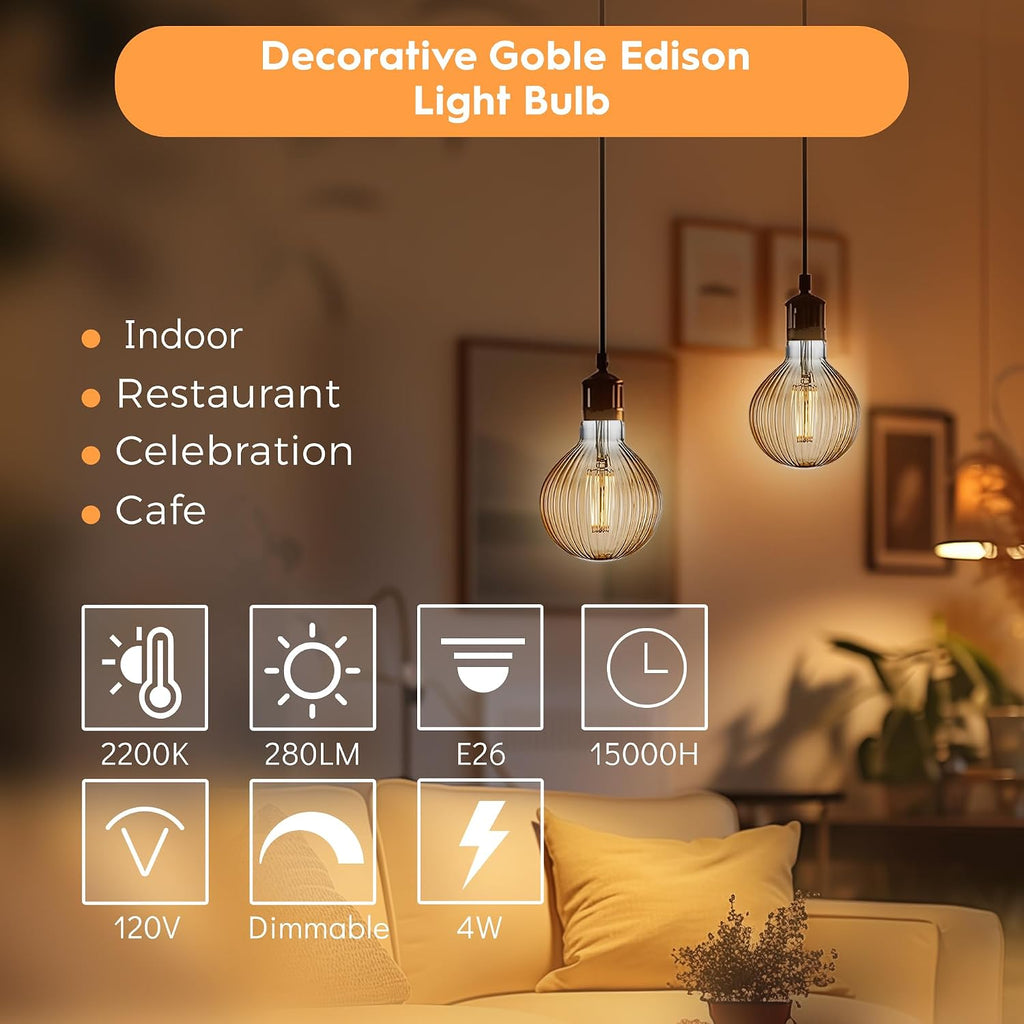 G125 LED Filament Bulb,4W Dimmable E26,2200K Amber Glass