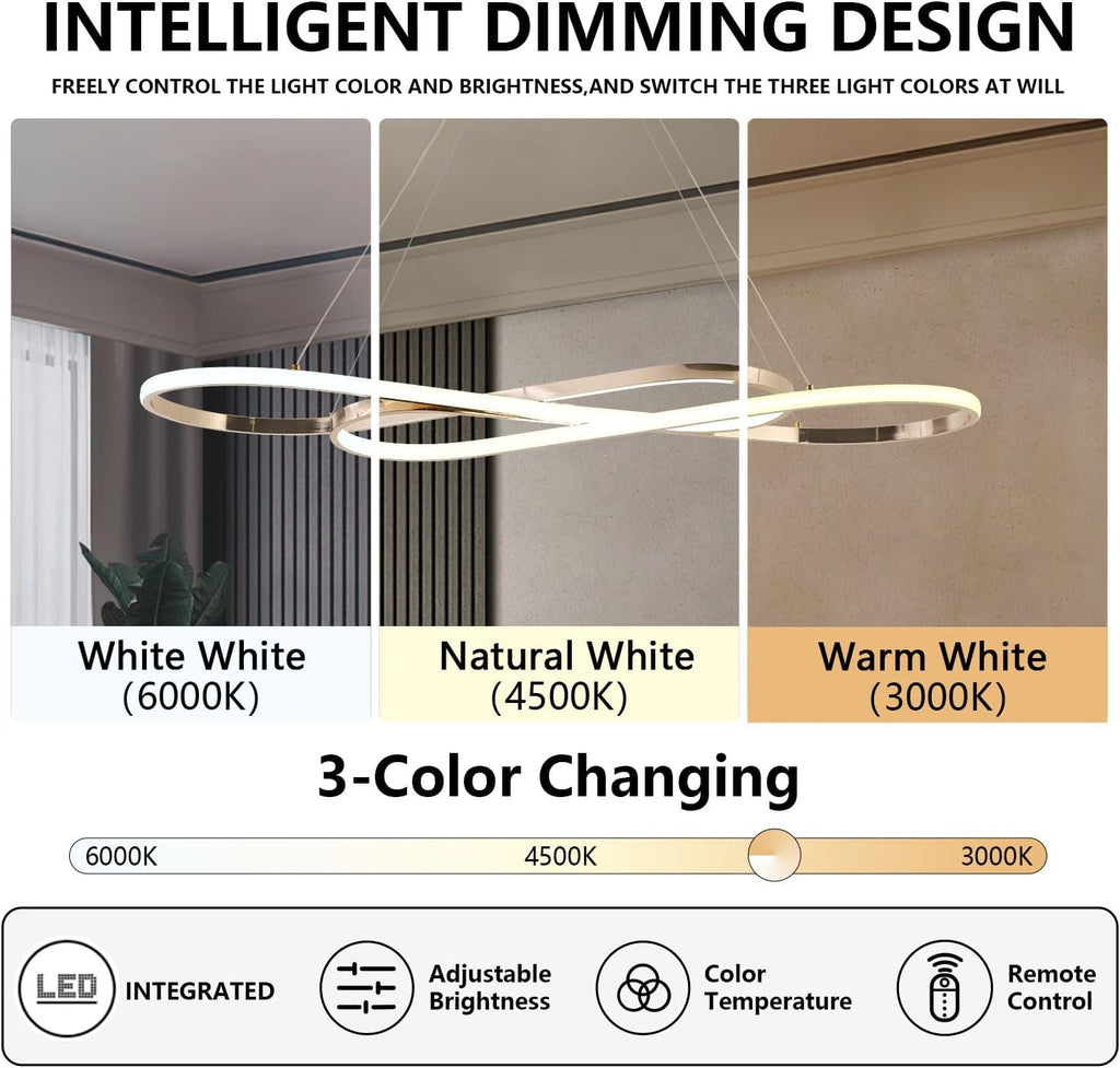 Gold 29.53in Dimmable Modern LED Pendant Chandelier | Height adjustable design, remote control included, suitable for