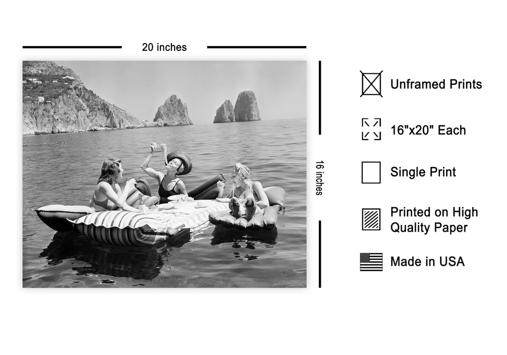 Vintage Women Eating Pasta on Lake Poster - Retro Picnic Print - Photography Art - Fashion Art - Gift for Him & Her
