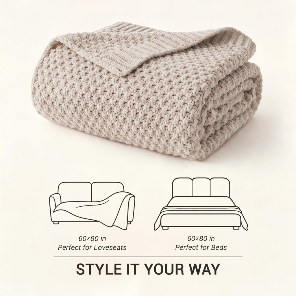 Chunky Cable Knit Throw Blanket Lightweight Beige 100% Organic Cotton Blanket for Sofa Couch Bed Baby Nursery, Rustic
