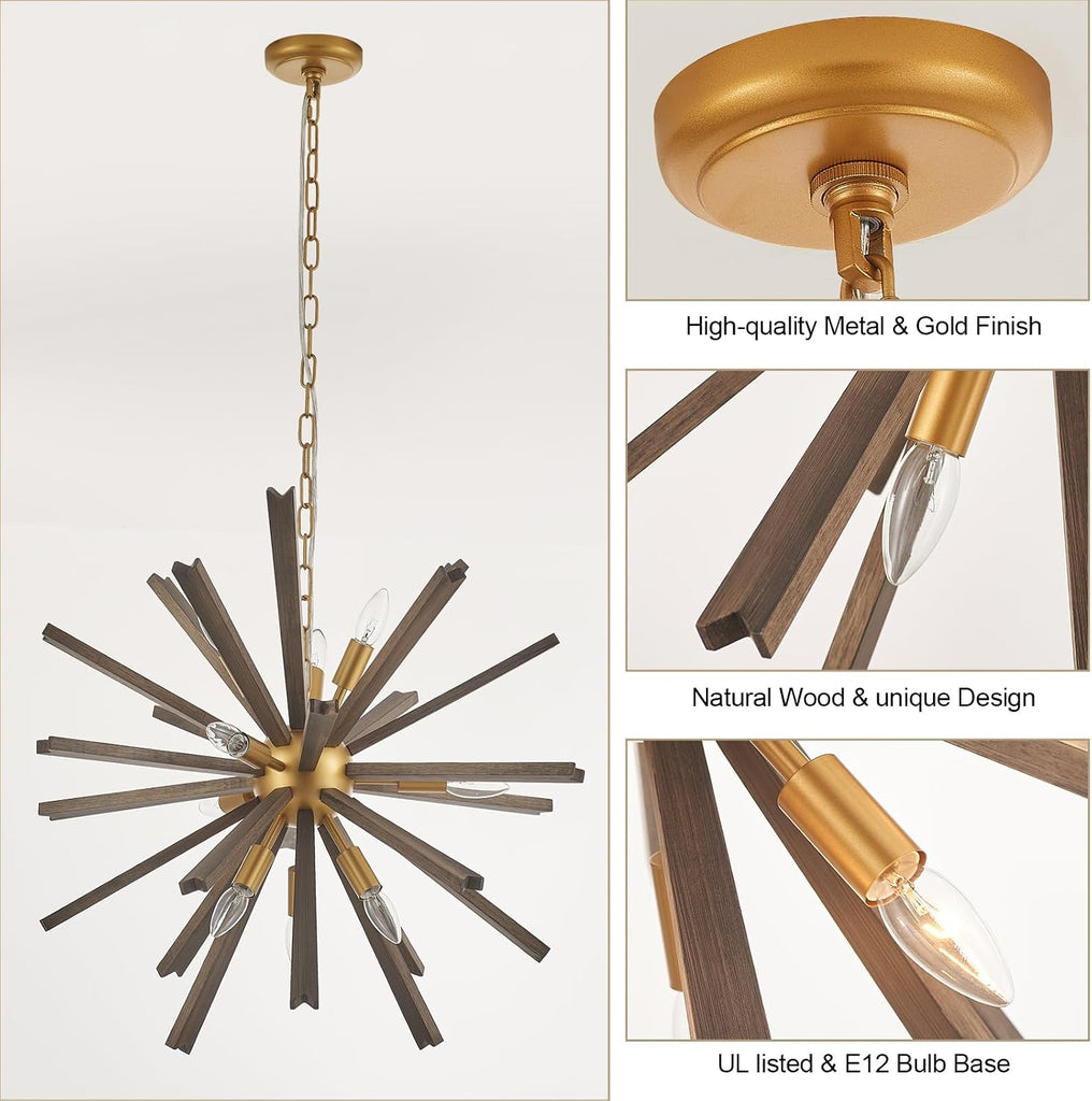 9-Light Wood Sputnik Chandelier for Entryway, Gold Dining Room Light Fixture, Farmhouse Pendant Light Fixture for