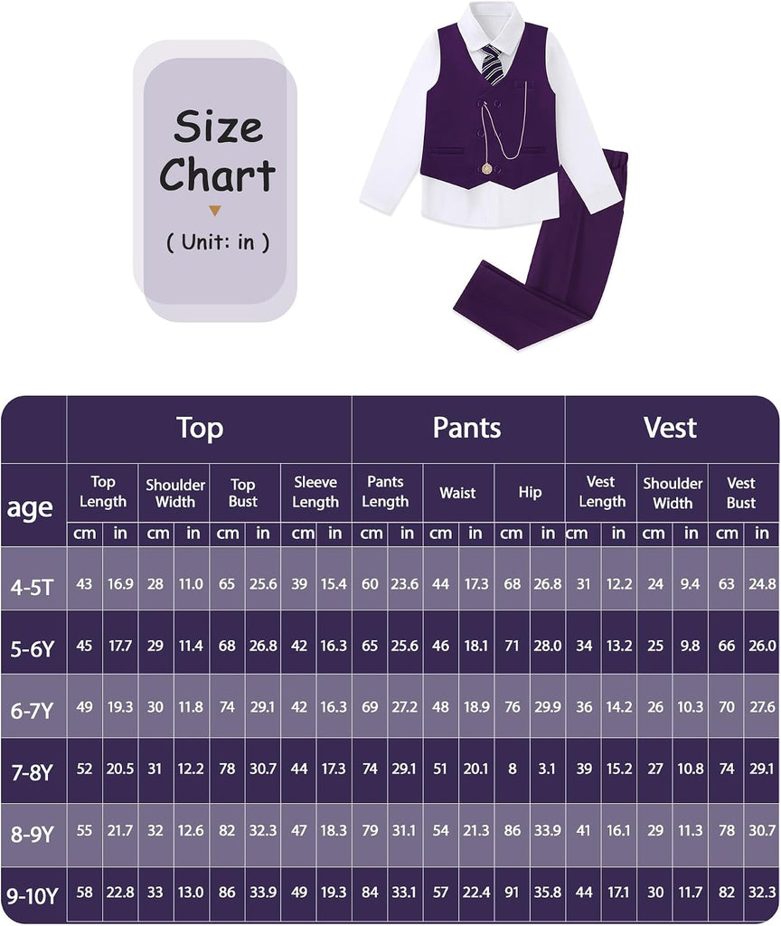 Boys Suit Formal Dress Clothes Big Boy Wedding Outfit Vest+Pants+Dress Shirt+Chain+Adjustable Tie