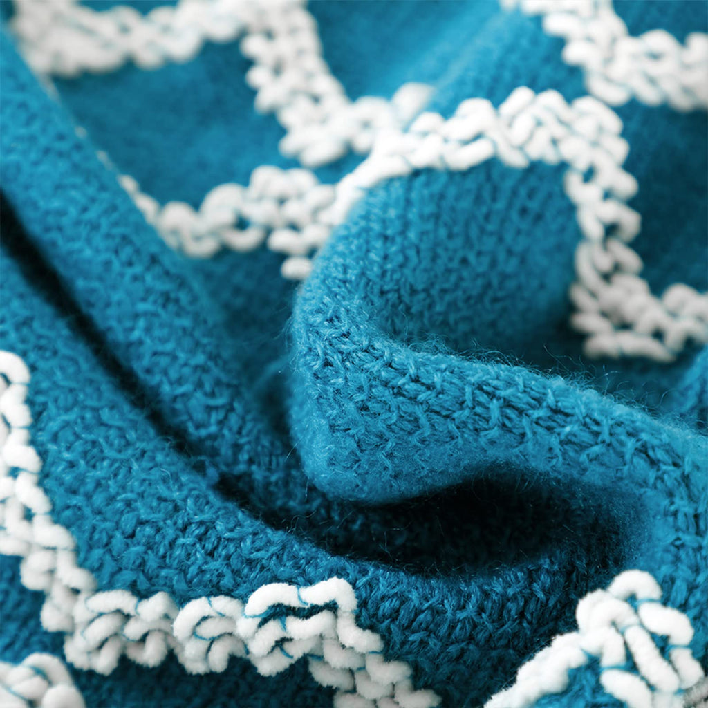 Knitted Throw Blanket Boho Chenille Outdoor Blanket, Teal 60x80Inch