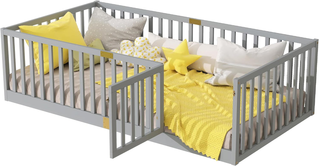 Twin Size Toddler Floor Bed with Door&High Rails, Grey