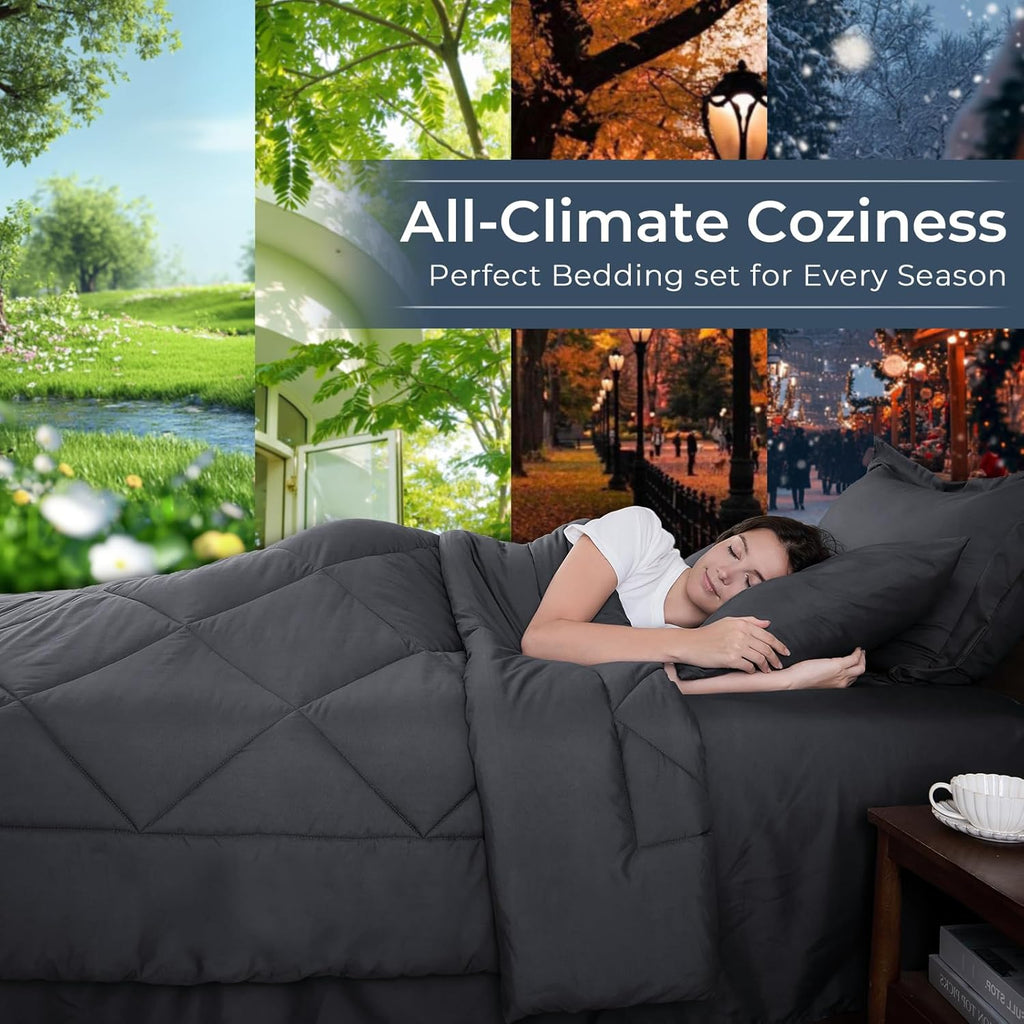 7 Pieces Queen Comforter Set, All Season Reversible Bed in a Bag, Ultra Soft Queen Bedding Set with Grey Comforter