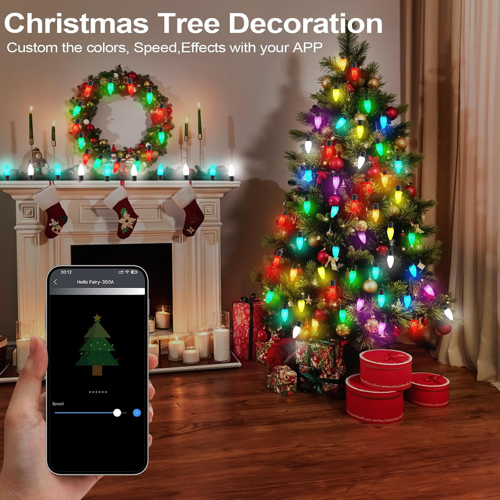 Smart C9 Christmas Outdoor Lights, 197FT 200 LEDs, APP Remote Controlled RGB String Lights, DIY Chasing Xmas Lights