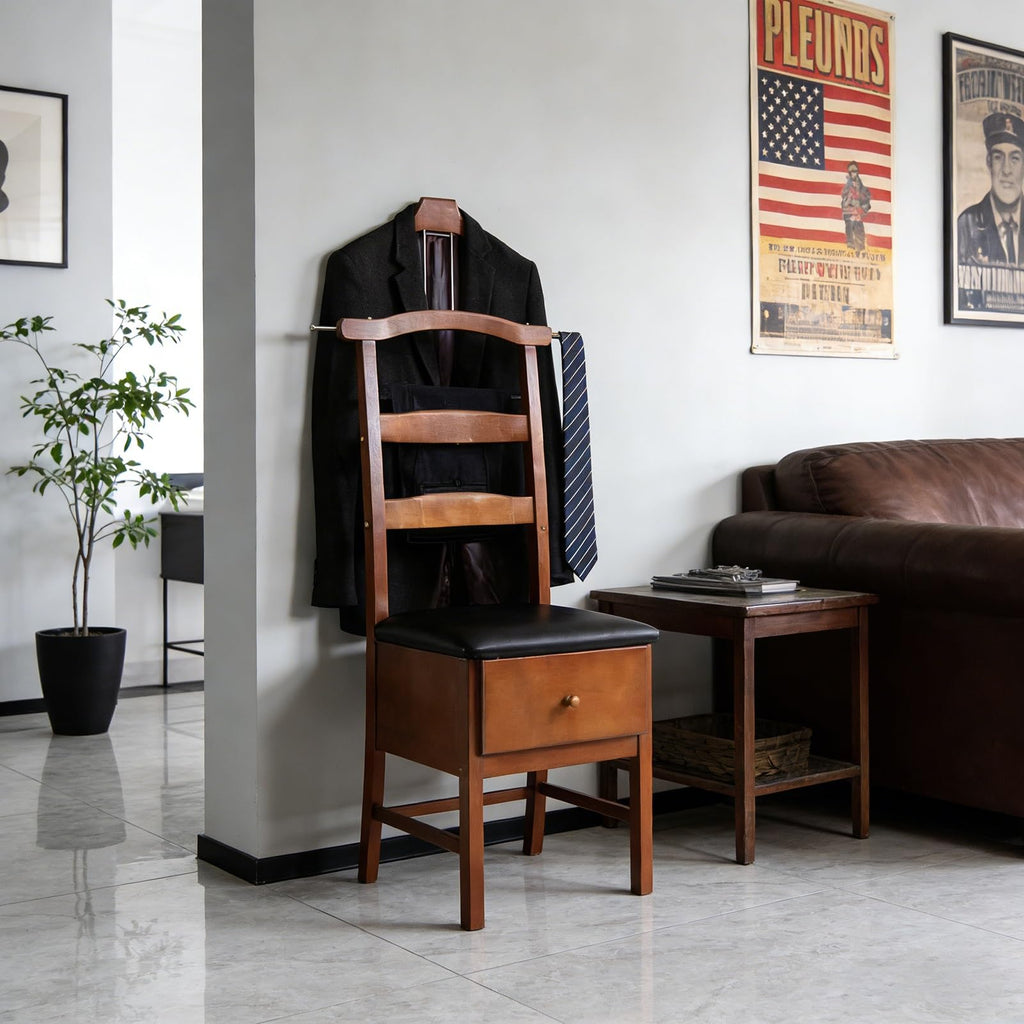 Chair Valet With Drawer, Wooden Suit Valet Stand With Contour Hanger, Trouser Bar and Tie & Belt Bar, 18" W x 23" D x