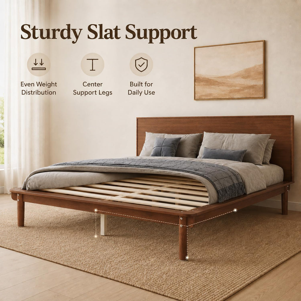 Platform Bed Frame with Headboard Wood, Walnut