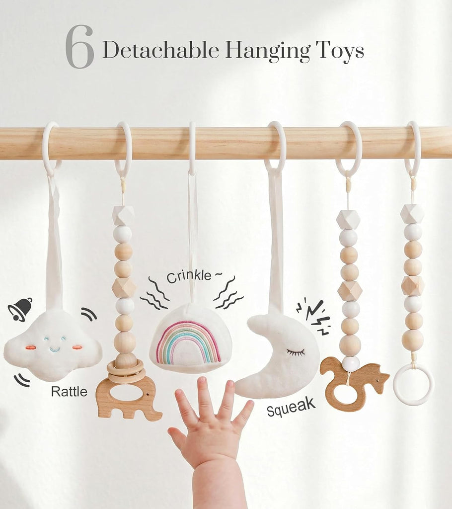Wooden Baby Gym with 6 Gym Toys, Foldable Baby Play Gym, Natural Pine Wood Play Gym, Frame Activity Center Hanging