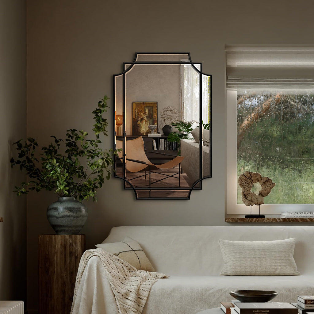 30x20 Inch Black Bathroom Mirror, Wooden Frame with Scalloped Polished Beveled Glass, Modern Art Wall Decor for