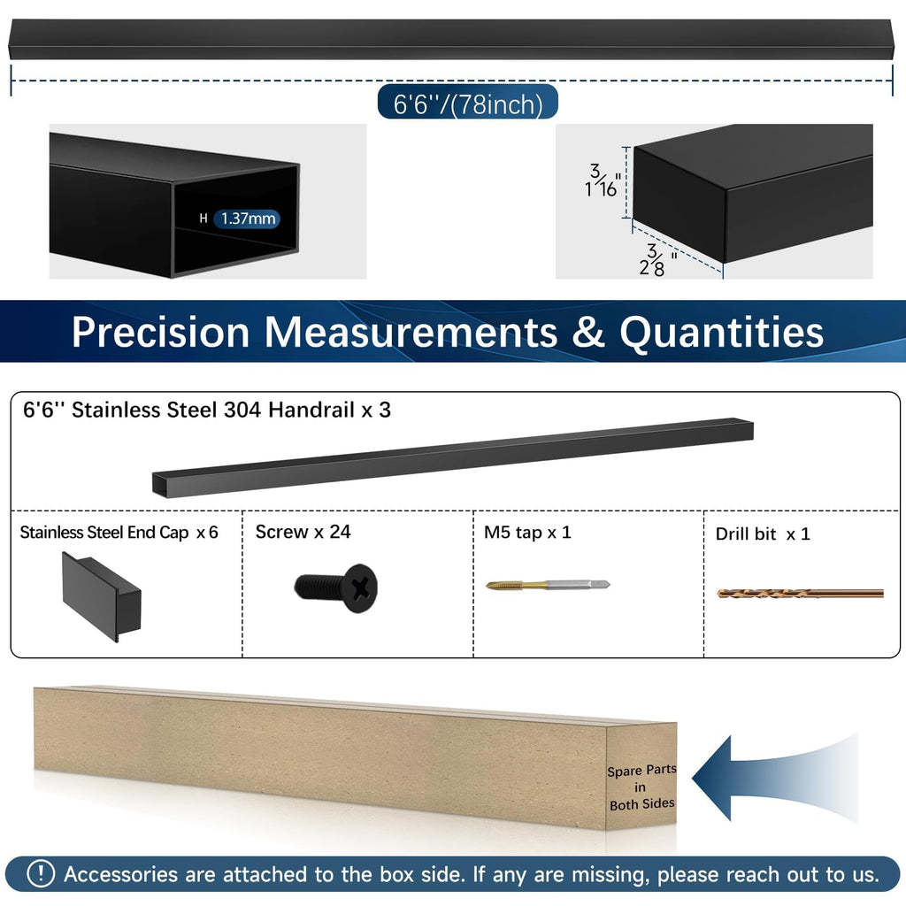 6'6" Stainless Steel T304 Handrail Black with Metal End Caps, 3 Pack Rectangular Cable Railing Handrail Flat Deck Top