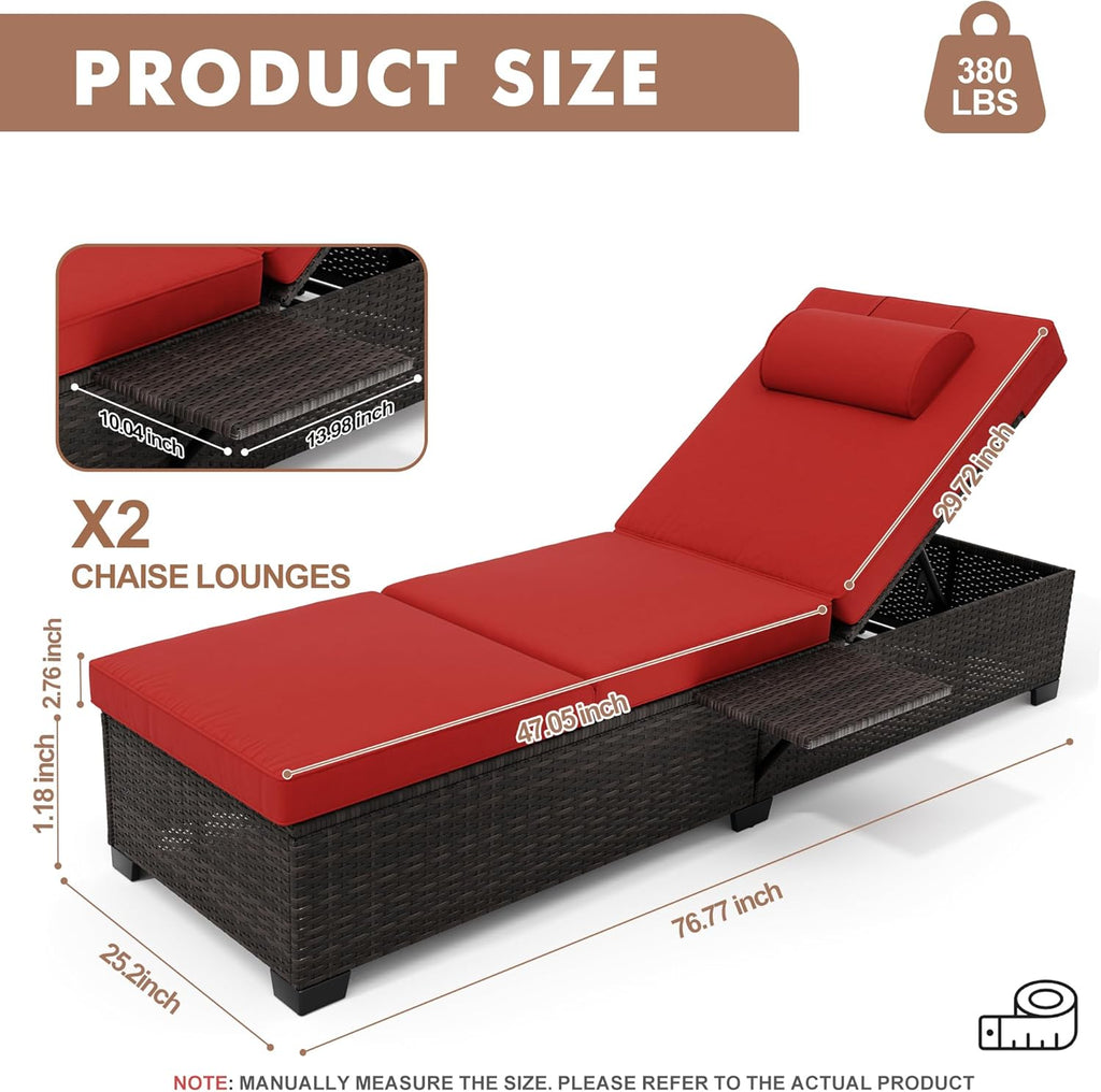Outdoor PE Wicker Chaise Lounge Chairs, Set of 2, Brown Rattan, Modern Style, Adjustable Backrest