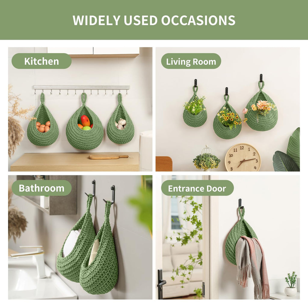 Boho Wall Hanging Fruit Baskets 3 Pack Woven Produce Holder with 6 Pcs Strong Hooks Vegetable Hanging Basket for