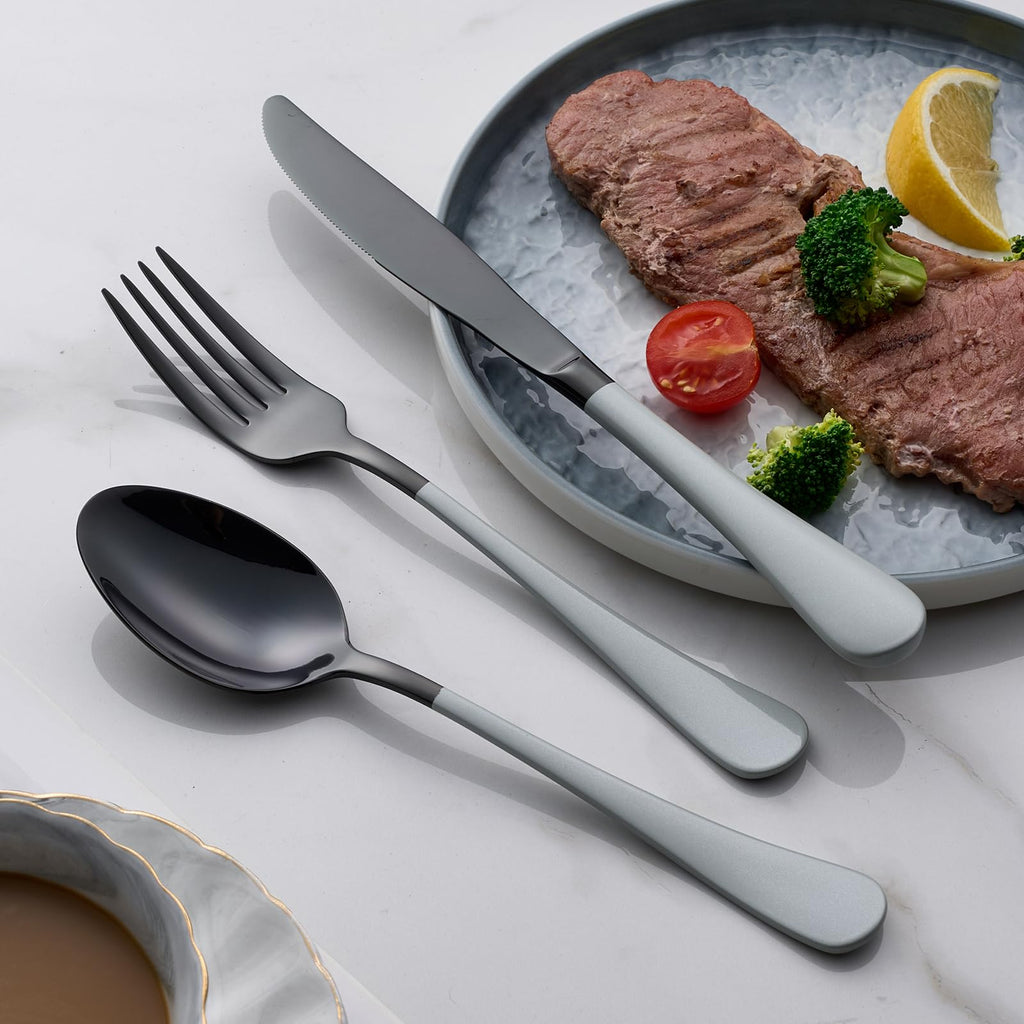 20-Piece Black Silverware Set 18/0 Stainless Steel Flatware Gray Handle Cutlery Set Service for 4 Dinner Knives Forks