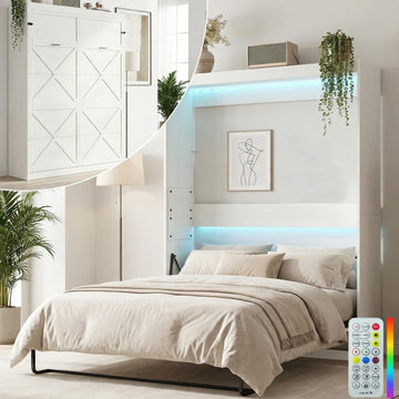 Cabinet Beds Queen Size, Hidden Murphy Wall Bed, 64.6" W Queen Murphy Cabinet Chest Beds with 16 Colors of LED