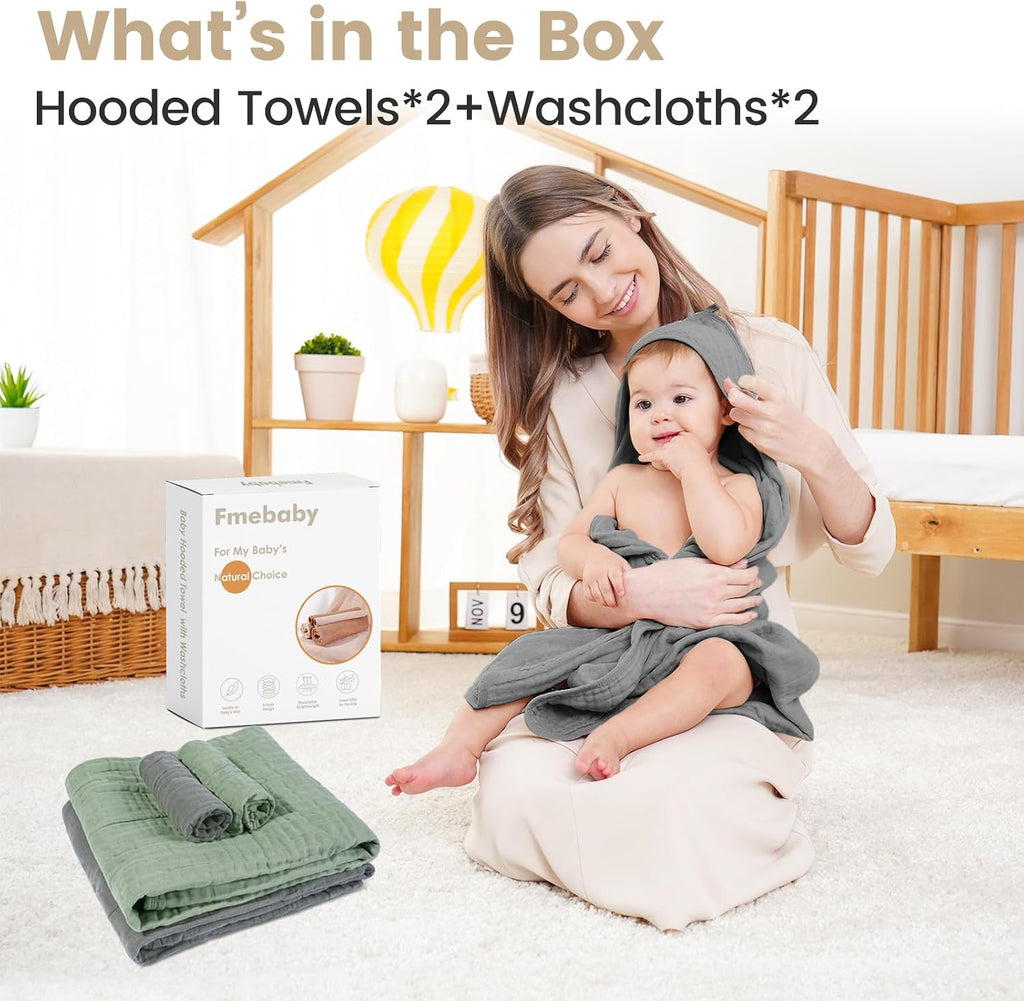 Muslin Bath Towel for Toddler 4 Pcs, 32x32 Inch 100% Muslin Cotton Baby Hooded Bath Towel and Washcloths for Babies