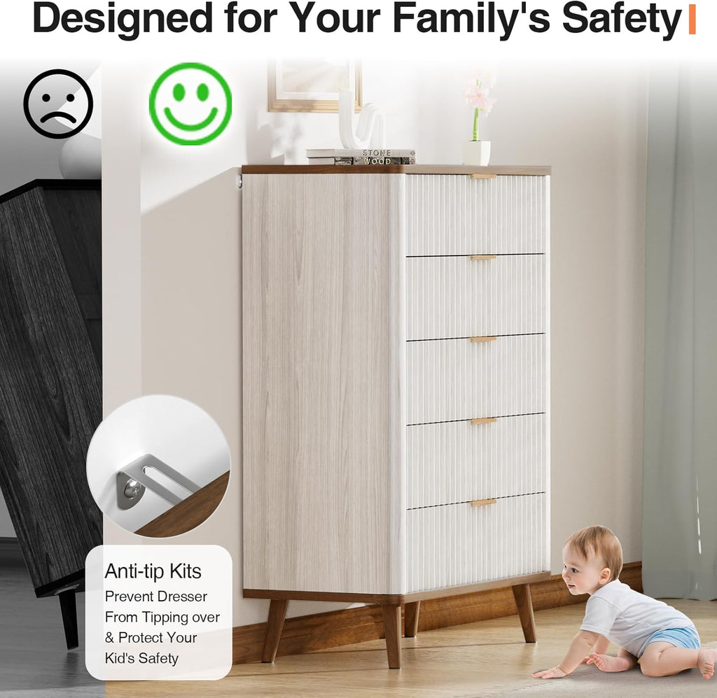 Fluted Wood 5 Drawer Dresser: 45.5" Tall Chest of Drawers, Mid Century Modern Storage Cabinet Nursery, Large Vertical