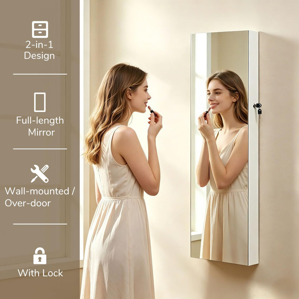 Mirror Jewelry Cabinet, Wall & Over The Door Mount Jewelry Organizer Storage, Jewelry Armoire with Auto LED Lights