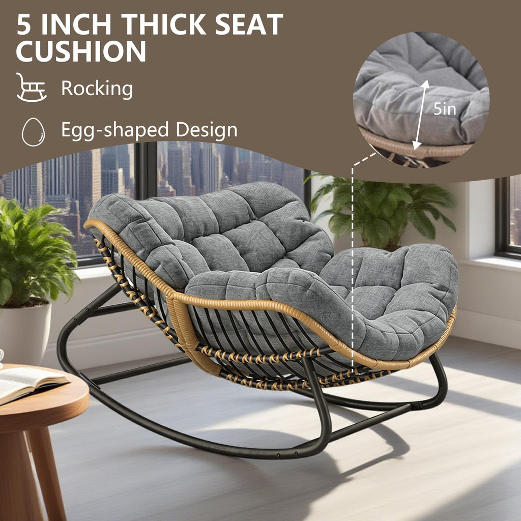 Oversized Papasan Rocking Chair with Extra Thick Cushion, Rattan Wicker Egg Chair for Indoor & Outdoor Use - Cozy