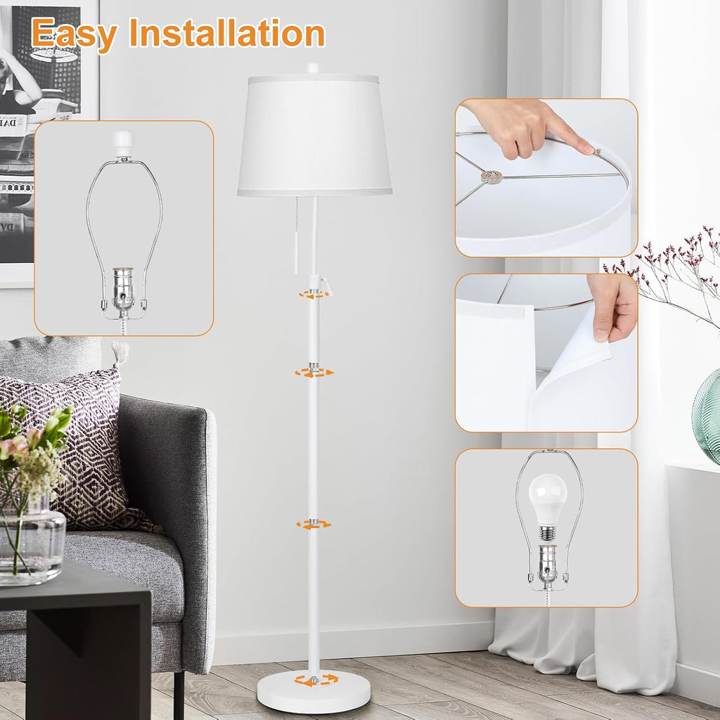 White Floor Lamp 55-65" Adjustable Height Modern Standing Lamp with Pull Chain Tall Pole Light with White Shade