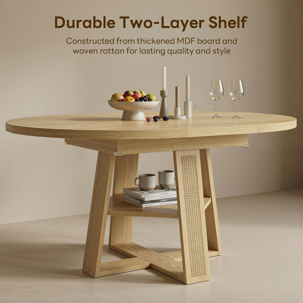 Dining Table, 43"-59" Extendable Round Table with Storage, Natural