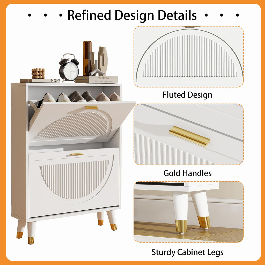 White Narrow Shoe Cabinet Storage with 2 Flip Drawers
