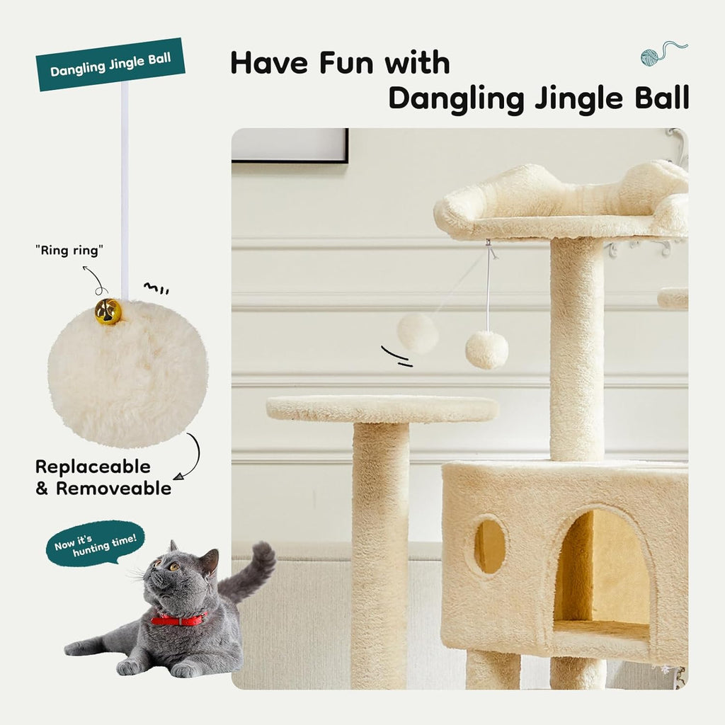 54-inch Indoor Cat Tree Tower - Multi-Level Pet House for Large Cats with 2 Condos, Scratching Posts, Round Platform