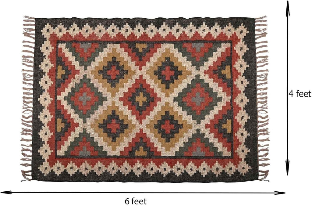 Geometric Kilim Wool Jute Rug - Natural Handwoven Flatweave, Bohemian Southwestern Style, Sustainable and
